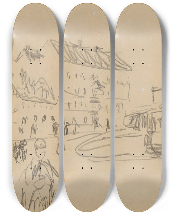 Triptych art skateboard deck of Ernst Ludwig Kirchner Strassenbahn In Dresden by Ernst Ludwig Kirchner (1880-1938)