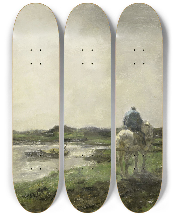 Triptych art skateboard deck of Jacob Maris Towpath by Jacob Maris (1837-1899)