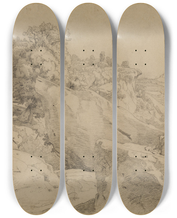 Triptych art skateboard deck of Johann Wilhelm Schirmer Felsenterrain Bei Vaisonlaromaine by Johann Wilhelm Schirmer (1807-1863)