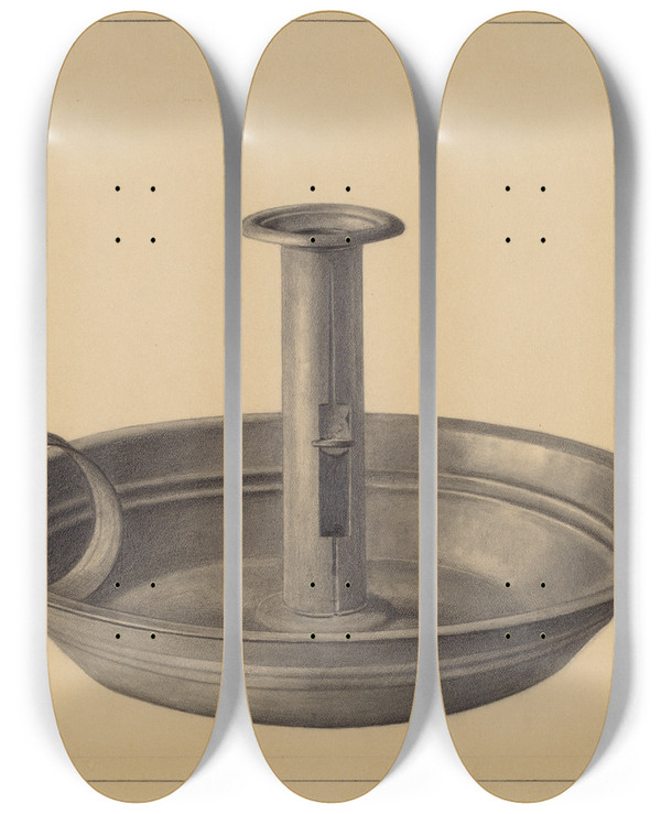 Triptych art skateboard deck of Herman Bader Candlestick Holder by Herman Bader