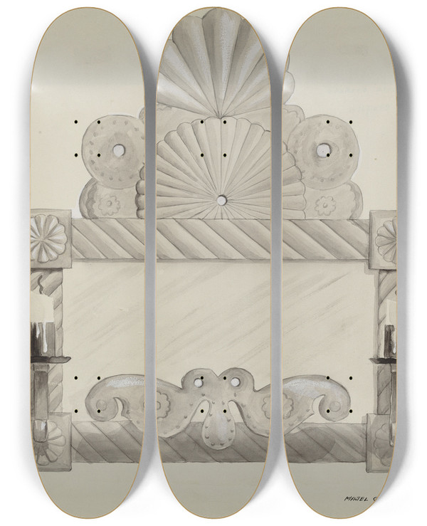 Triptych art skateboard deck of Majel G Claflin Tin Mirror Frame With 2 Candle Sockets by Majel G Claflin (1893-1941)
