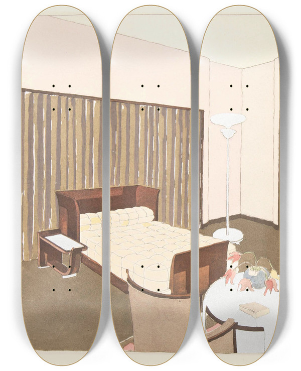 Triptych art skateboard deck of E Kohlmann Chambre A Coucher by E Kohlmann