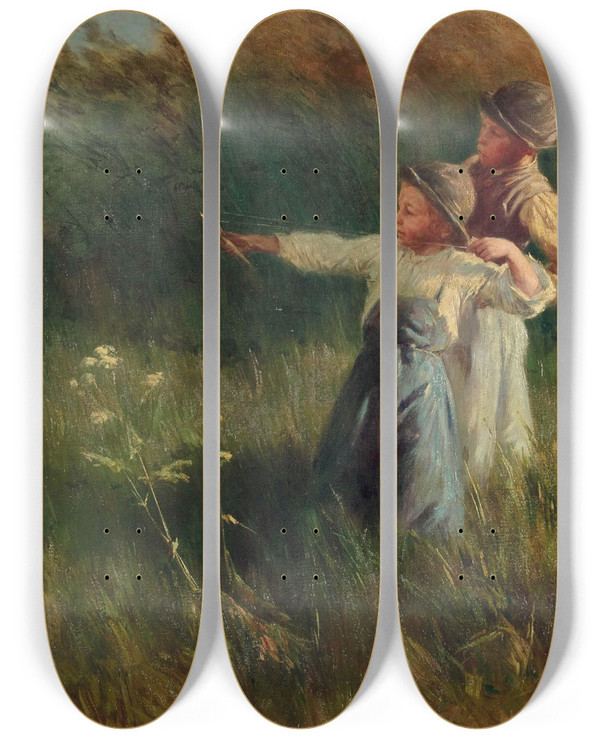Triptych art skateboard deck of Gza Peske Zwei Buben Mit Steinschleuder Auf Der Sommerwiese by Geza Peske (1859-1934)