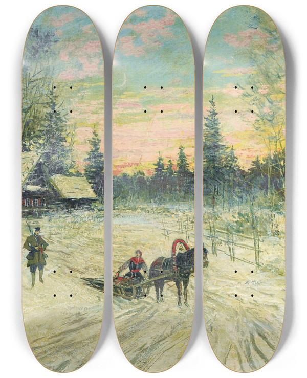 Triptych art skateboard deck of Konstantin Alexeevich Korovin Jeune Femme Sur Un Traineau Sloignant Dun Chasseur by Konstantin Alexeevich Korovin (1861-1939)