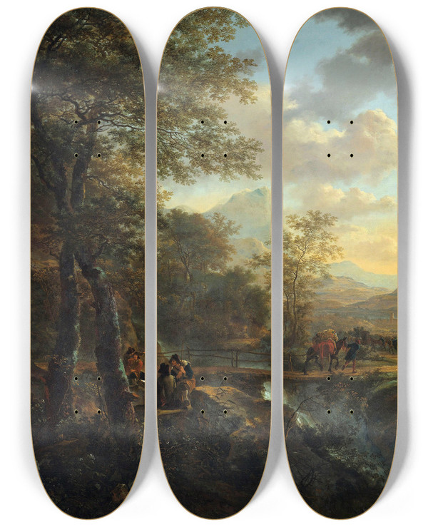 Triptych art skateboard deck of Jan Both Italian Landscape With A Draughtsman by Jan Both (1618-1652)