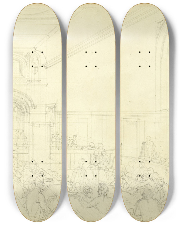 Triptych art skateboard deck of Augustus Charles Pugin Study For Guild Hall Examination Of A Bankrupt Before His Creditors From Microcosm Of London by Augustus Charles Pugin (1762-1832)