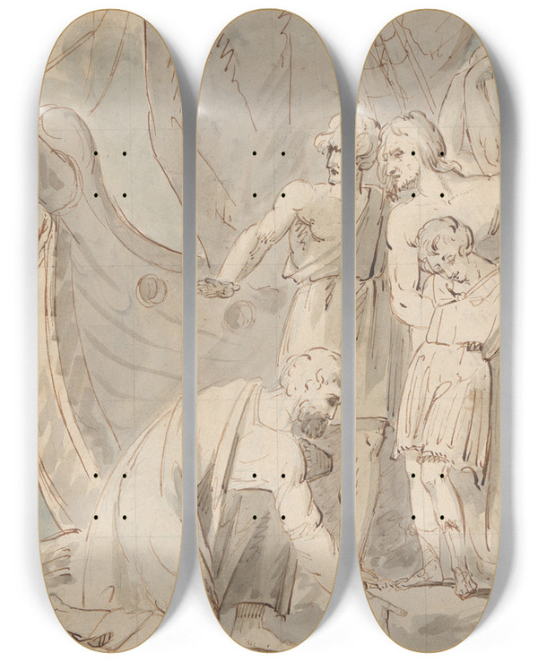 Triptych art skateboard deck of William Hamilton Historical Subject With Men And A Boy Near A Ship by William Hamilton (1751-1801)
