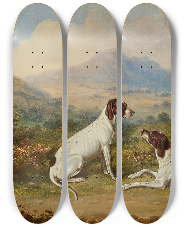 Triptych art skateboard deck of English School Pointers In An Extensive Landscape by English School