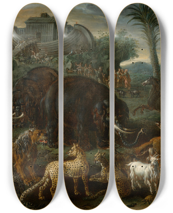 Triptych art skateboard deck of Cajetan Roos Noahs Ark by Cajetan Roos