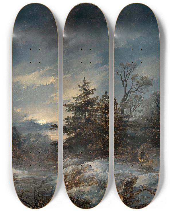 Triptych art skateboard deck of Remigius Adrianus Van Haanen A Winter Evening by Remigius Adrianus Van Haanen (1812-1894)