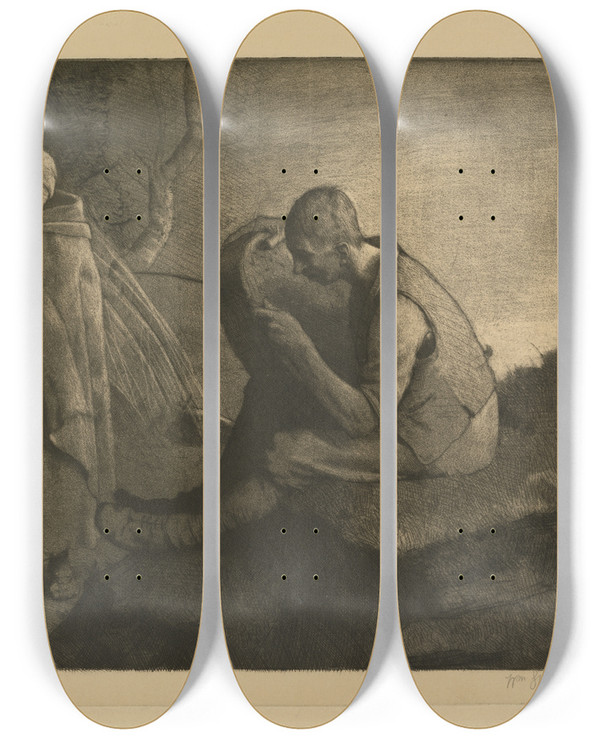Triptych art skateboard deck of William Strang The Seive Mender by William Strang (1859-1921)