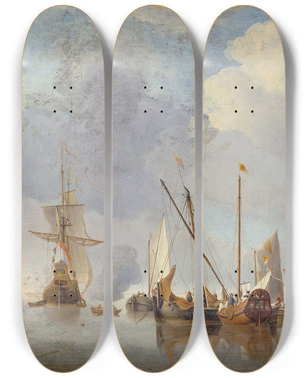 Triptych art skateboard deck of Willem Van De Velde The Younger A Calm_1 by Willem van de Velde the Younger (1633-1707)