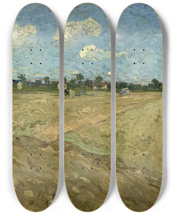 Triptych art skateboard deck of Vincent Van Gogh Ploughed Fields The Furrows by Vincent van Gogh (1853-1890)