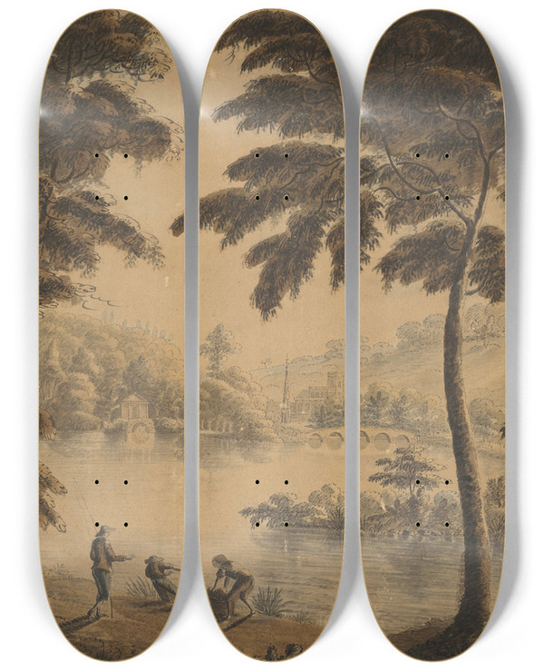 Triptych art skateboard deck of Sir Richard Hoare View Of Stourhead by Sir Richard Hoare