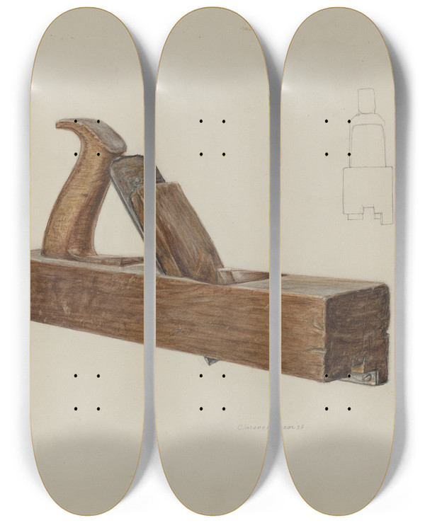 Triptych art skateboard deck of Clarence Secor Rabbet Plane by Clarence Secor