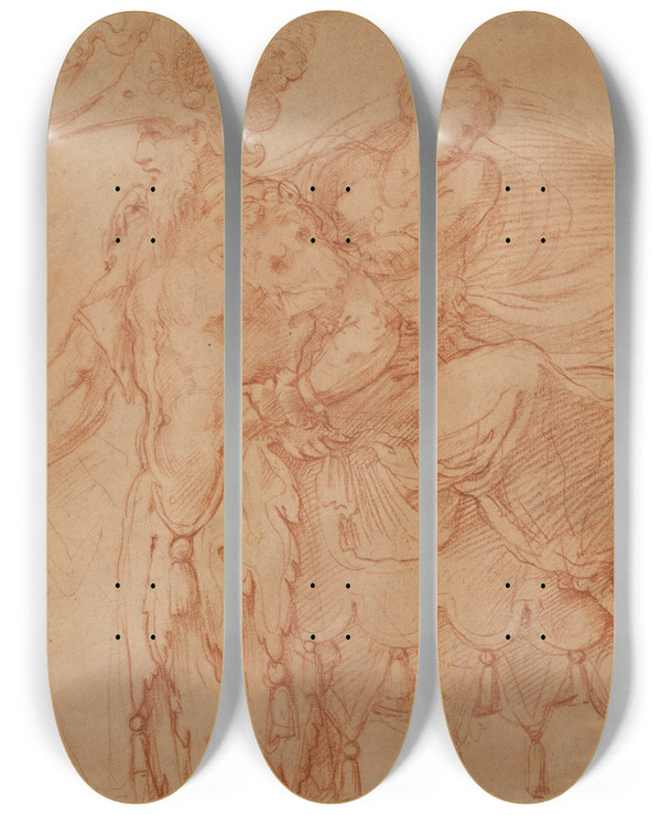 Triptych art skateboard deck of Francesco Primaticcio Centaur And Lapith by Francesco Primaticcio (1504-1570)