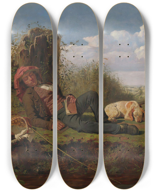 Triptych art skateboard deck of William Tylee Ranney The Lazy Fisherman by William Tylee Ranney (1813-1857)