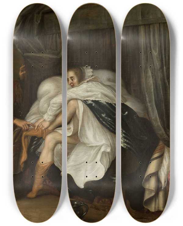 Triptych art skateboard deck of Adriaen Van De Venne Woman And A Jester by Adriaen van de Venne (1589-1662)