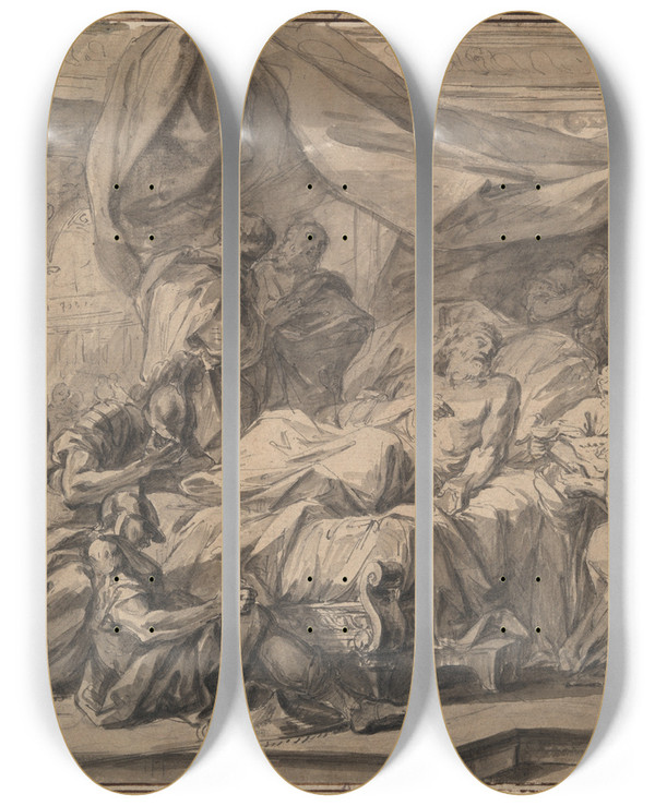 Triptych art skateboard deck of Nicolas Bernard Lpici Death Ofsocrates by Nicolas Bernard Lepicie (1735-1784)