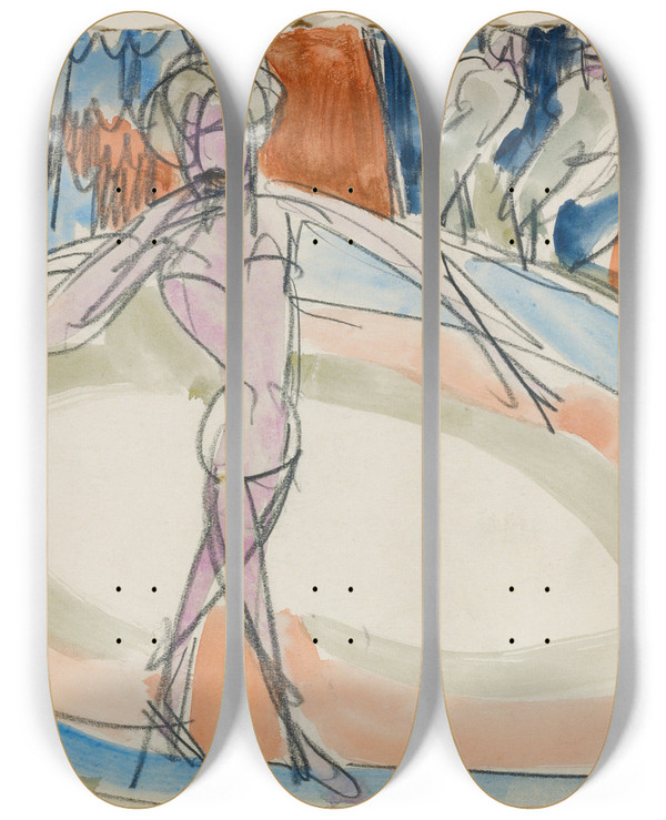 Triptych art skateboard deck of Ernst Ludwig Kirchner Dancing Woman At The Cabaret by Ernst Ludwig Kirchner (1880-1938)