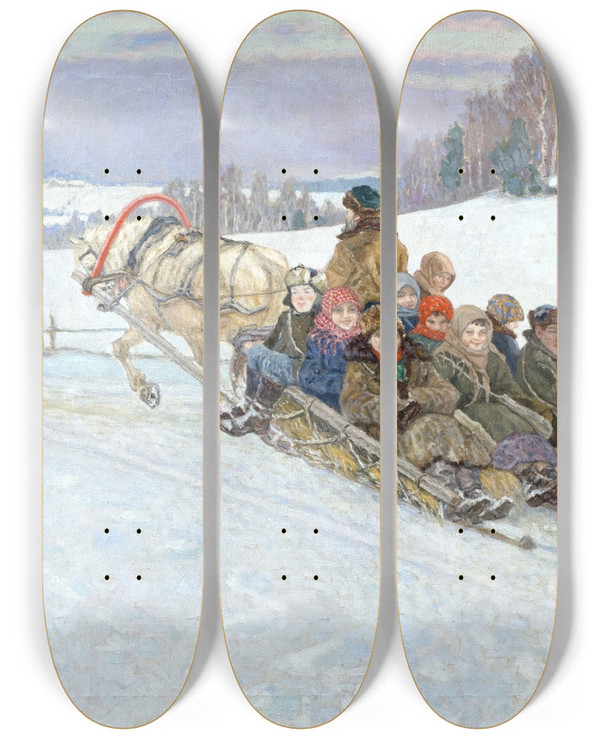 Triptych art skateboard deck of Nikolai Bogdanovbelsky Lustige Schlittenfahrt Im Winterlichen Russland by Nikolai Bogdanov-Belsky (1868-1945)