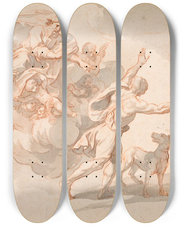 Triptych art skateboard deck of Nicolaspierre Loir Gud Forbander Kain by Nicolas Pierre Loir (1624-1679)