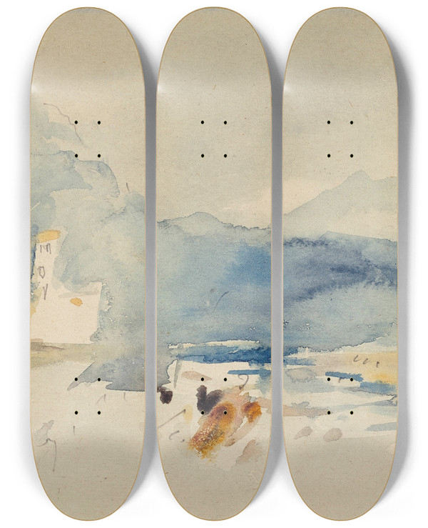 Triptych art skateboard deck of Hercules Brabazon Brabazon A Landscape With Mountains And A Stream by Hercules Brabazon Brabazon (1821-1906)
