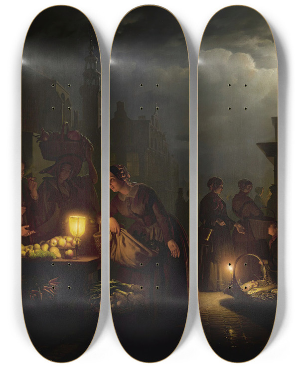 Triptych art skateboard deck of Petrus Van Schendel The Candlelit Market by Petrus Van Schendel (1806-1870)