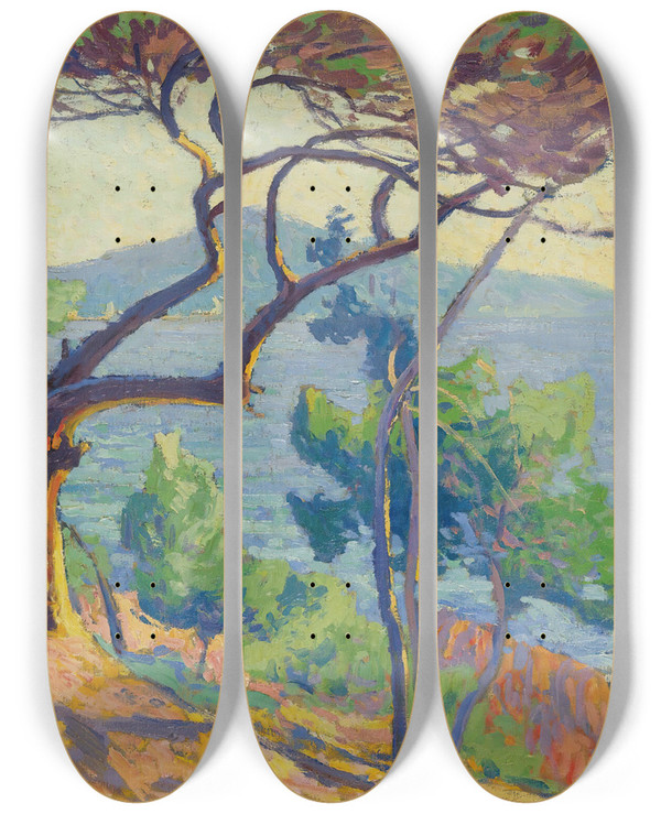 Triptych art skateboard deck of Paul Madeline Les Roches Rouges by Paul Madeline (1863-1920)