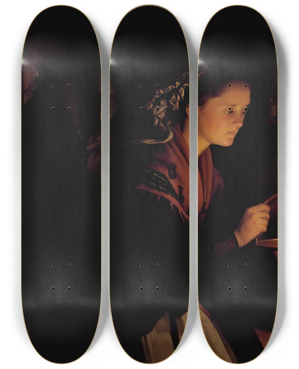 Triptych art skateboard deck of Petrus Van Schendel A Market Scene By Candlelight by Petrus Van Schendel (1806-1870)