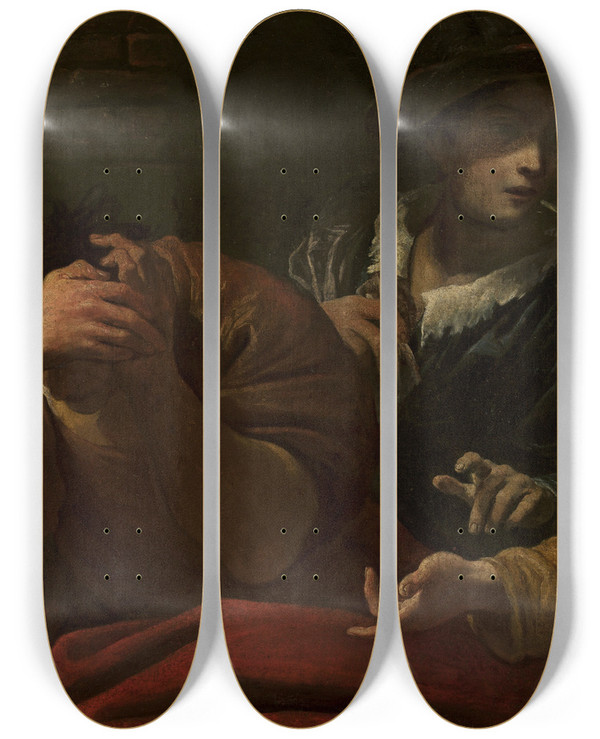 Triptych art skateboard deck of Giovanni Antonio Burrini Joseph Explaining Dreams At The Pharaohs Court by Giovanni Antonio Burrini (1656-1727)