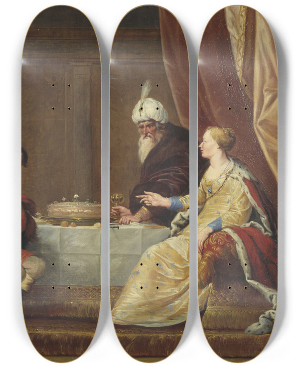 Triptych art skateboard deck of Pieter Fransz De Grebber Esther Ahasuerus And Haman by Pieter Fransz De Grebber (1600-1652)