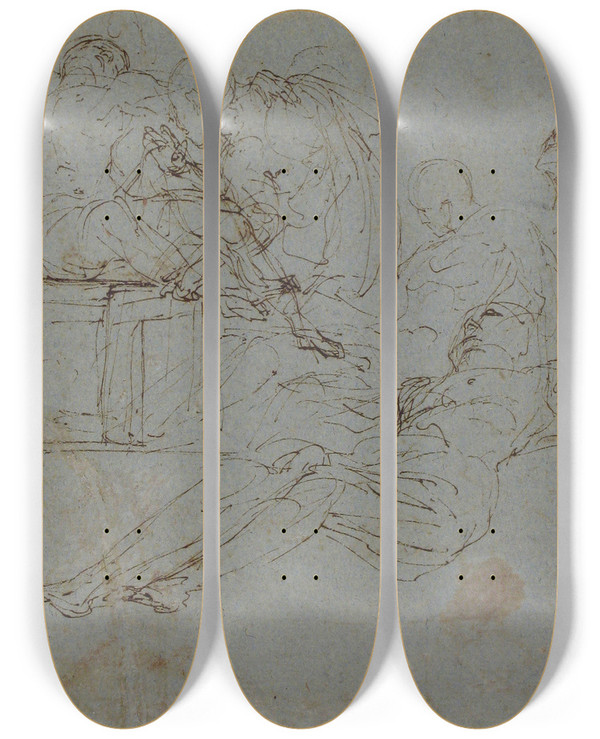 Triptych art skateboard deck of Ferra Fenzoni Studies For The Burial Of Christ by Ferrau Fenzoni (1562-1645)