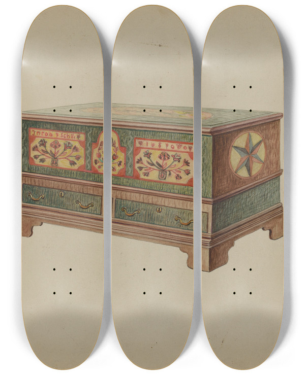 Triptych art skateboard deck of Lorenz Rothkranz Pa German Dower Chest by Lorenz Rothkranz