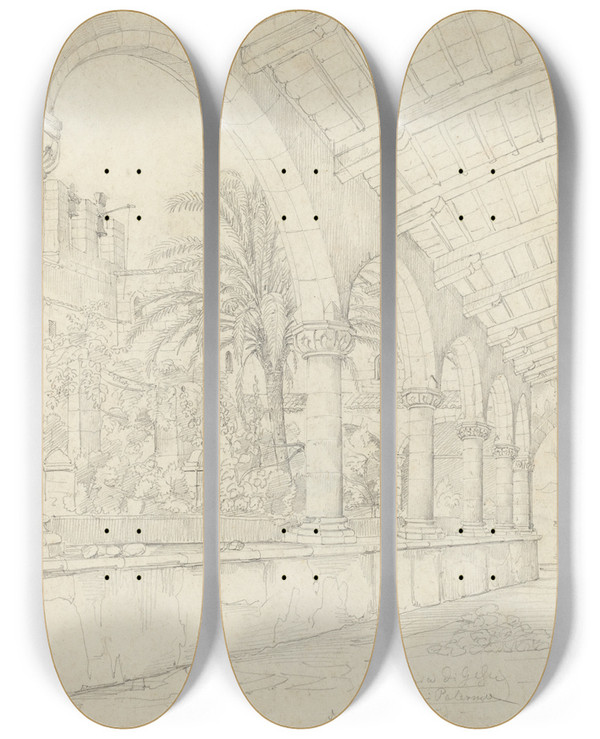 Triptych art skateboard deck of Anton Hallmann The Cloister Of Santa Maria Di Ges At Palermo by Anton Hallmann (1812-1845)