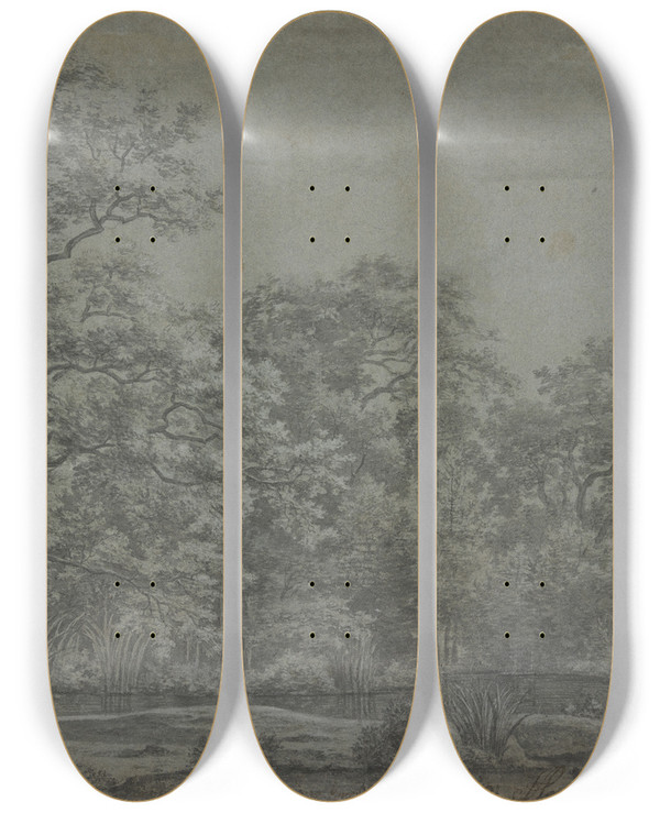 Triptych art skateboard deck of Joris Van Der Haagen A Pond In The Forest by Joris van der Haagen (1615-1669)