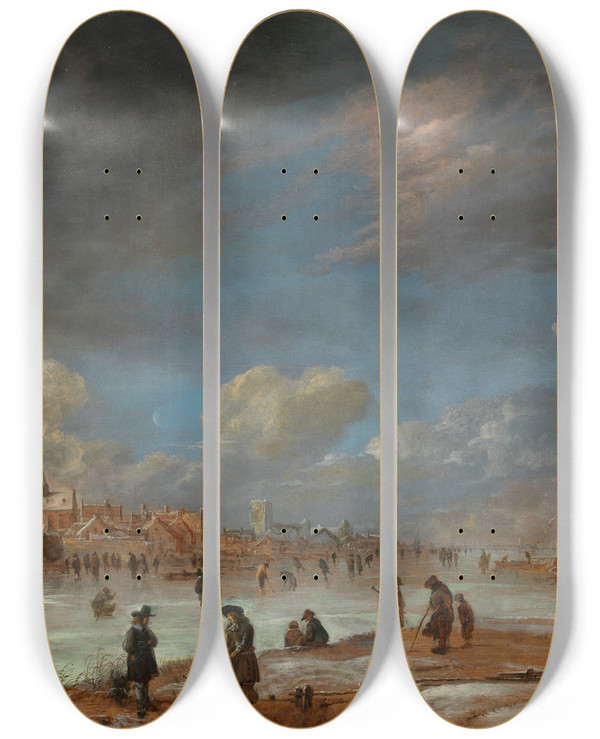 Triptych art skateboard deck of Aert Van Der Neer Winter Landscape Near A Town With Kolf Players by Aert van der Neer (1603-1677)