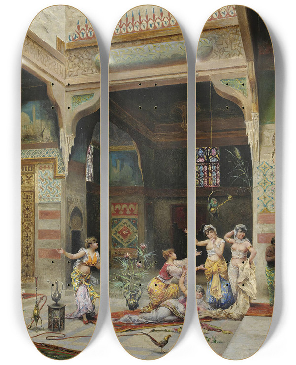 Triptych art skateboard deck of Alberto Fabbi Odalisques by Alberto Fabbi (1858-1906)