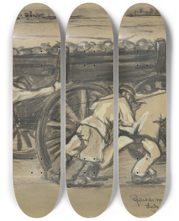 Triptych art skateboard deck of Reinhard Pfaehler Von Othegraven Arbeiter In Lodz Schieben Eine Karre by Reinhard Pfaehler Von Othegraven