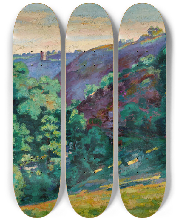 Triptych art skateboard deck of Armand Guillaumin Le Ravin De La Folie Vue De Chateau Crozant by Armand Guillaumin (1841-1927)