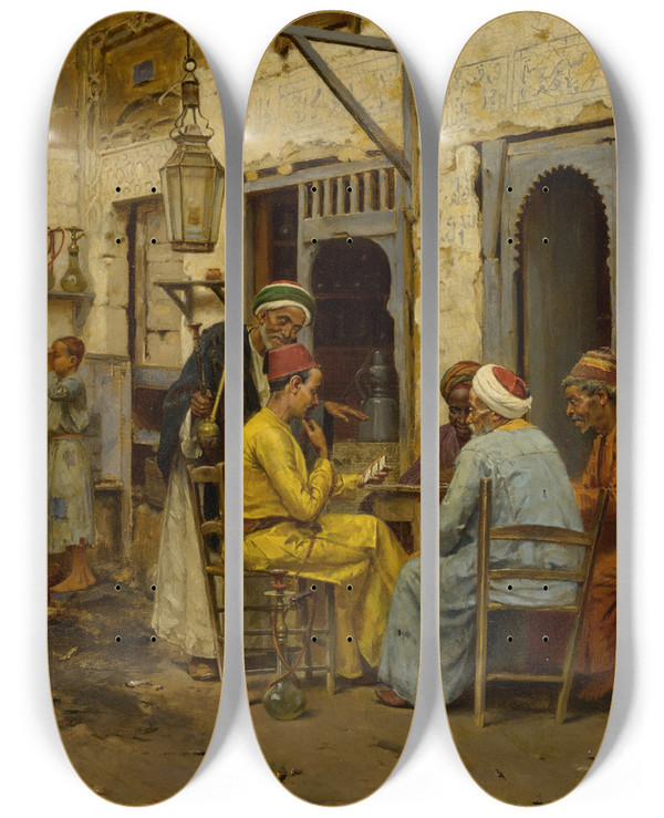 Triptych art skateboard deck of Arthur Von Ferraris The Domino Players by Arthur Von Ferraris (1856-1936)
