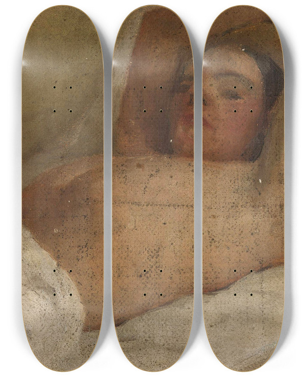 Triptych art skateboard deck of Jan Cigliski Study Of A Reclining Woman by Jan Ciaglinski (1858-1913)