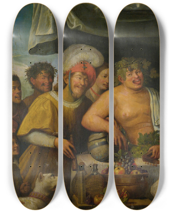 Triptych art skateboard deck of Niccol Frangipane A Bacchanal by Niccolo Frangipane (1563-1585)