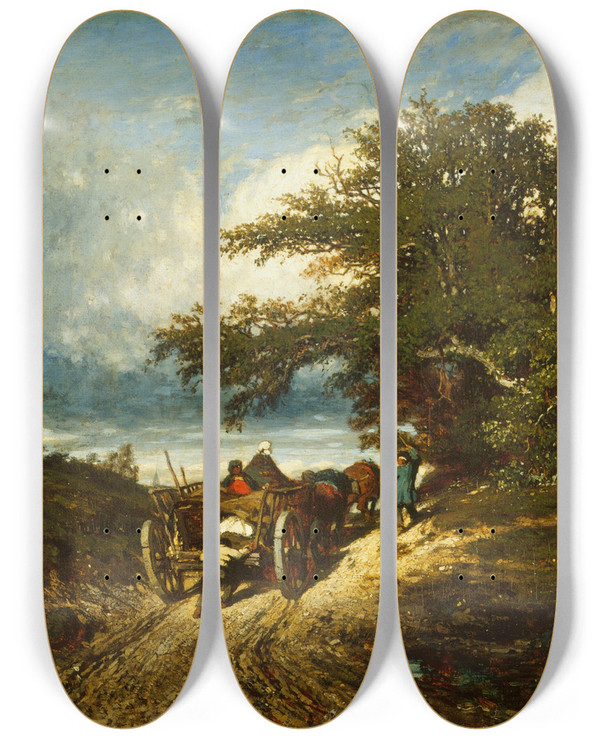 Triptych art skateboard deck of Jules Dupr On The Road by Jules Dupre (1811-1889)