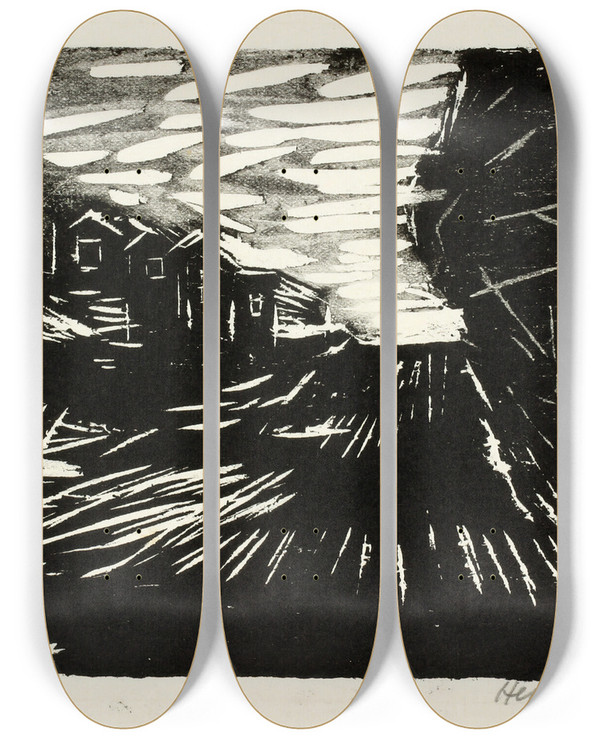 Triptych art skateboard deck of Henry Nielsen Bred Vej Huse Trer by Henry Nielsen (1907-1937)