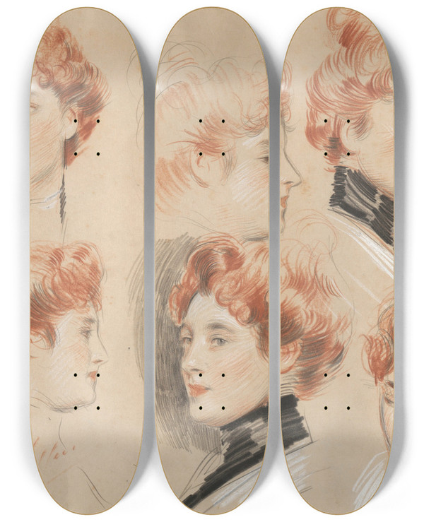 Triptych art skateboard deck of Paul Csar Helleu Six Studies Of The Head Of A Lady Traditionally Identified As Mrs Gertrude Vanderbilt Whitney by Paul Cesar Helleu (1859-1927)