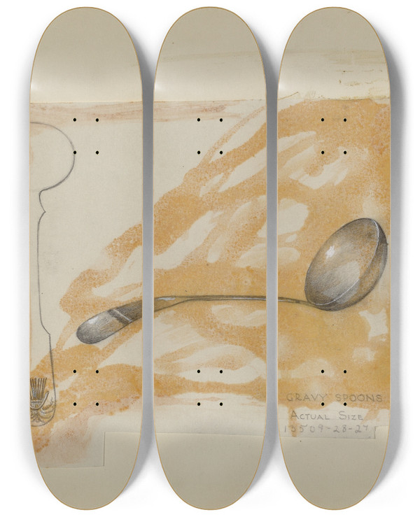 Triptych art skateboard deck of Joseph Leboit Silver Gravy Spoon by Joseph Leboit (1907-2002)
