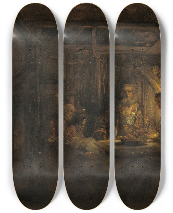 Triptych art skateboard deck of Rembrandt Van Rijn Philemon And Baucis by Rembrandt Van Rijn (1606-1669)