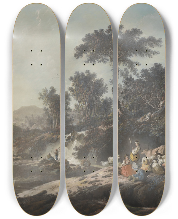Triptych art skateboard deck of Jeanbaptiste Pillement Shepherds Resting By A Stream by Jean-Baptiste Pillement (1728-1808)