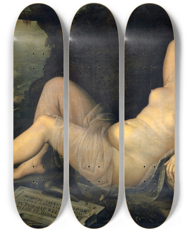 Triptych art skateboard deck of Annibale Carracci Sleep An Image Of Death by Annibale Carracci (1560-1609)